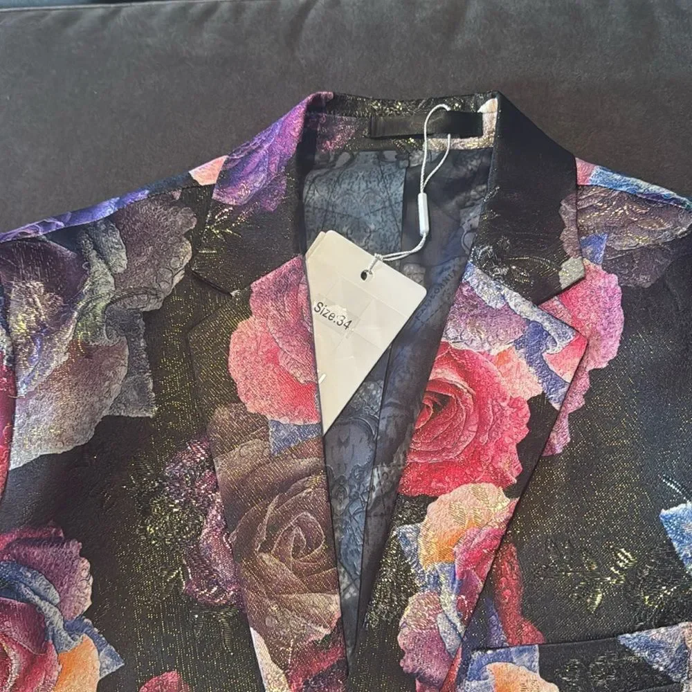 Men’s Slim Fit 2 Button Black Floral Formal Blazer Suit Jacket Size 34 NEW